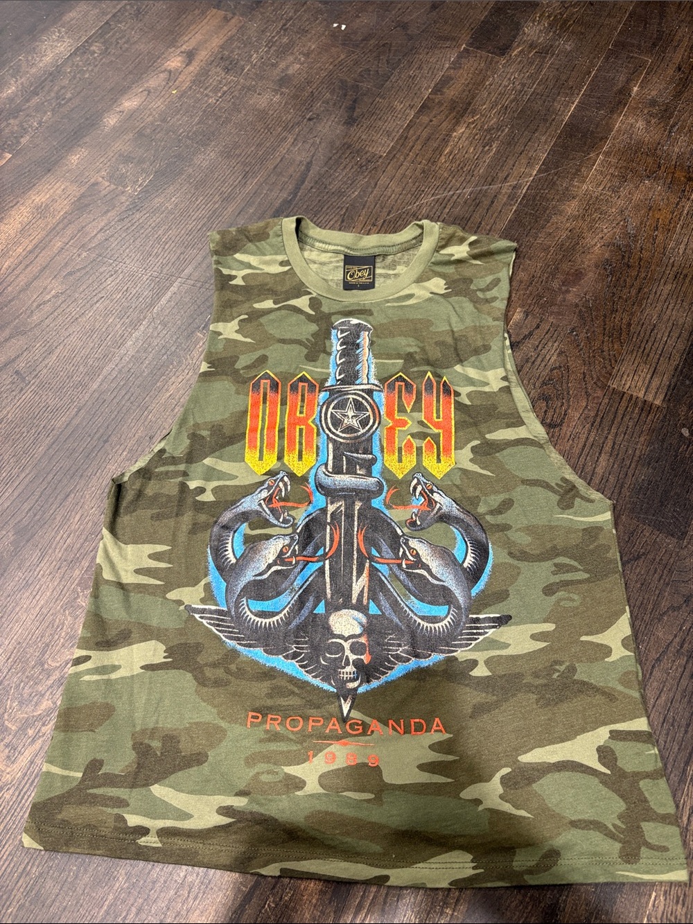 Obey Olive Camo Graphic Muscle Tank with Multicolor Dagger Print